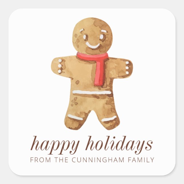 Happy Holidays Modern Watercolor Gingerbread Man Square Sticker (Front)
