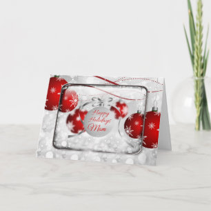 Happy Holidays Mom Sparkling Red Ornaments Card