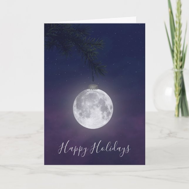 Happy Holidays Moon on Pine Bough  Holiday Card (Front)