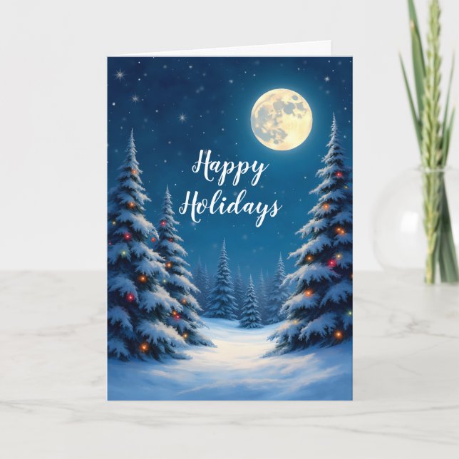 Happy Holidays moonlit snowy forest Card (Front)