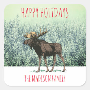 Happy Holidays Moose In Snow Custom Family Name Square Sticker