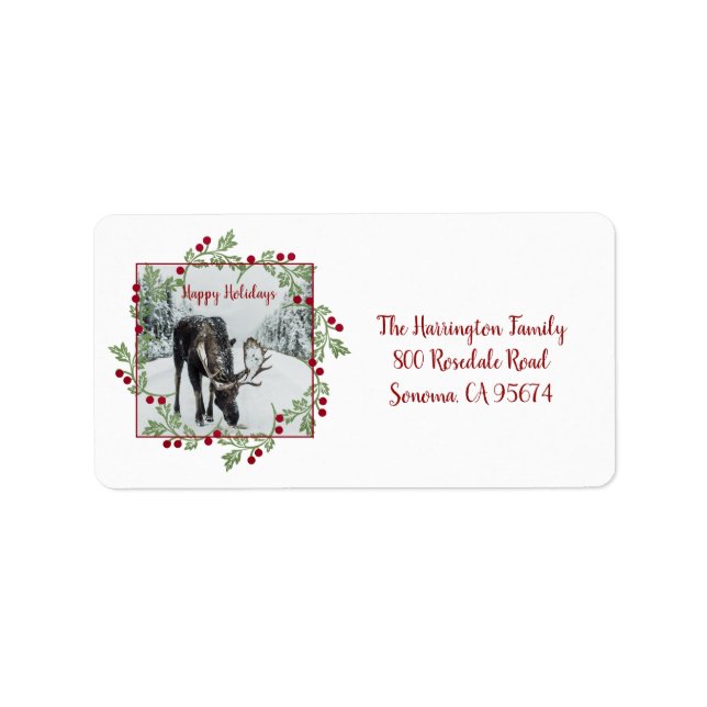 Happy Holidays Moose In Winter Snow Return Address Label (Front)
