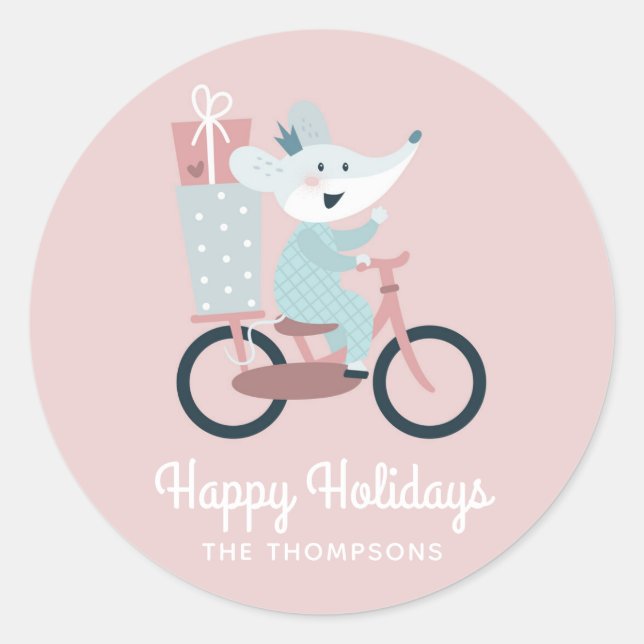 Happy Holidays Mouse Riding Bicycle Personalized Classic Round Sticker (Front)