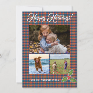 Happy Holidays multi photo greeting card Plaid