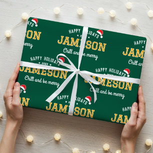 Happy Holidays Name Christmas Santa Hat Green Gold Wrapping Paper