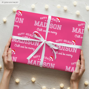 Happy Holidays Name Christmas Santa Hat Pink White Wrapping Paper