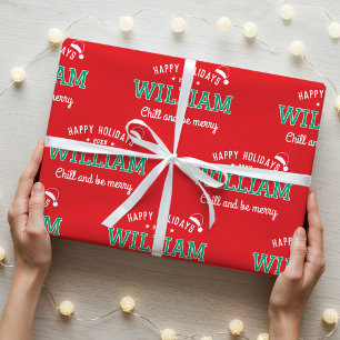 Happy Holidays Name Christmas Santa Hat Red Green Wrapping Paper