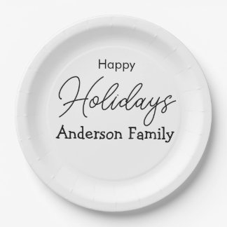 happy holidays name family simple bold modern retr paper plate