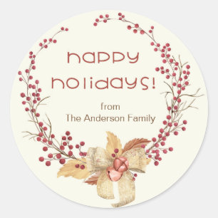 Happy Holidays Natural Berry Wreath Classic Round Sticker