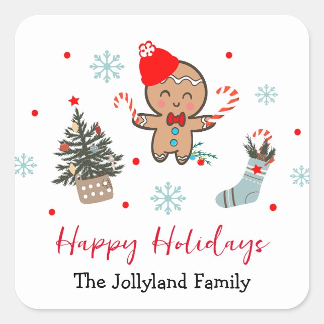 Happy Holidays Nature pine trees Gingerbread man Square Sticker (Front)