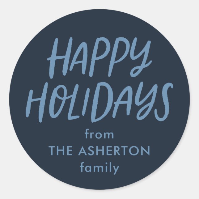 Happy holidays navy blue simple gift classic round sticker (Front)