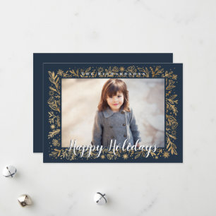 Happy Holidays Navy & Gold Foliage & Snowflakes Holiday Card