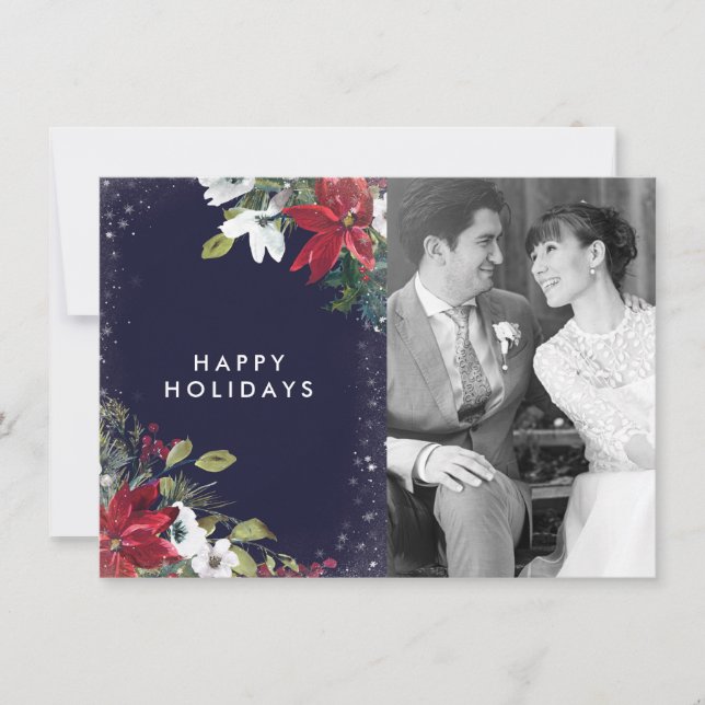 happy holidays navy red white floral photo card (Front)