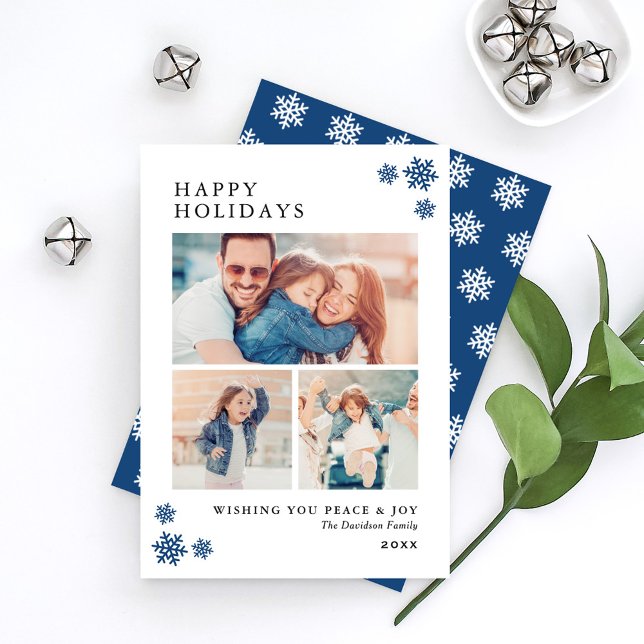Happy Holidays Navy Snowflake Photo Collage Holiday Card (Creator Uploaded)