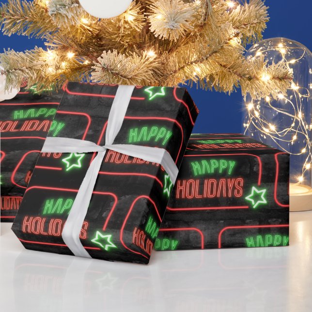 Happy Holidays Neon Sign On Brick Wrapping Paper (Holidays)