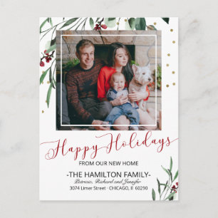 Happy Holidays New Home Red Calligraphy Moving Holiday Postcard