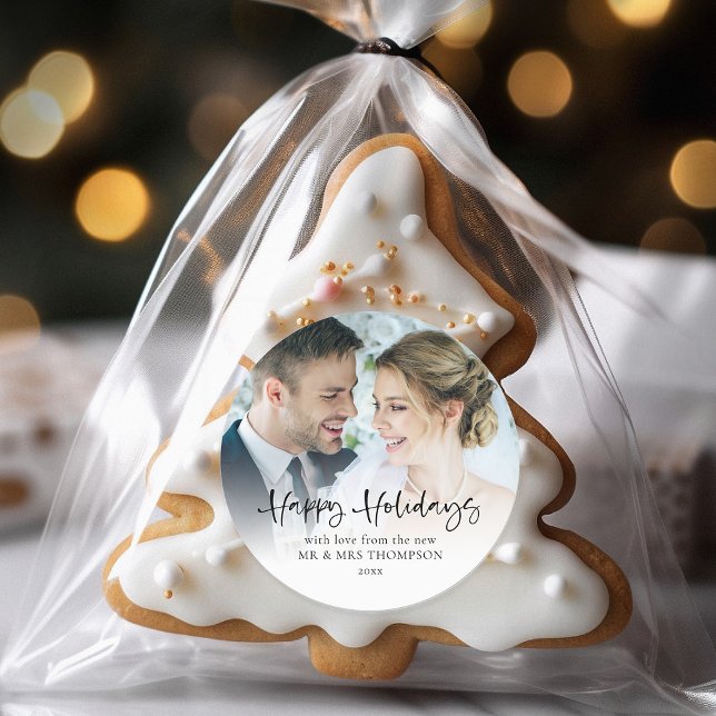 Happy Holidays Newlyweds Photo Overlay Christmas Classic Round Sticker (For your Winter Wedding favors and Christmas Gifts)