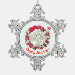 Happy Holidays Octopus Snowflake Pewter Christmas Ornament