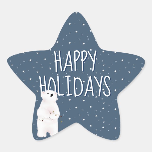 Happy Holidays On Stars and Polar Bear Star Sticker (Front)