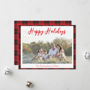 Happy Holidays One Photo Red and Black Tartan Holi Holiday Card