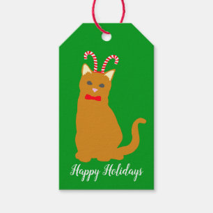 Happy Holidays Orange Cat in Candy Cane Hat Gift Tags