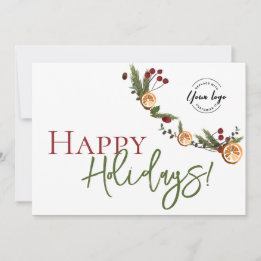 Happy Holidays Oranges wreath leaves Custom Logo Thank You Card