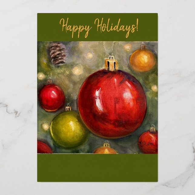 Happy Holidays Ornament Greeting Card Red and Gree (Front)
