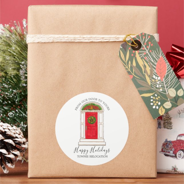 Happy Holidays Our Door Red Door Pineapple Wreath Classic Round Sticker (Holiday)