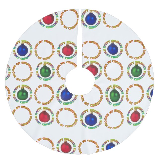 Happy Holidays Our First Christmas Red Blue Brushed Polyester Tree Skirt (Front)