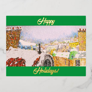 Happy Holidays Paris Cat on Rooftop Foil Holiday Postcard