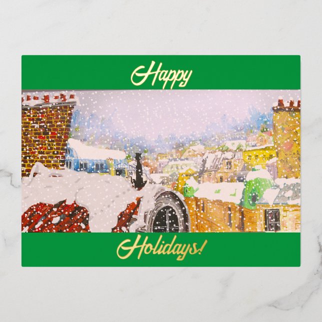 Happy Holidays Paris Cat on Rooftop Foil Holiday Postcard (Front)