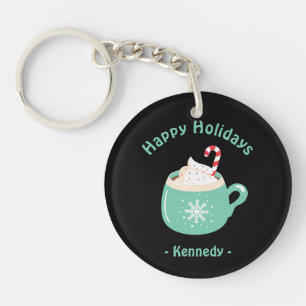 Happy Holidays Pastel Blue Hot Chocolate Cup Keychain