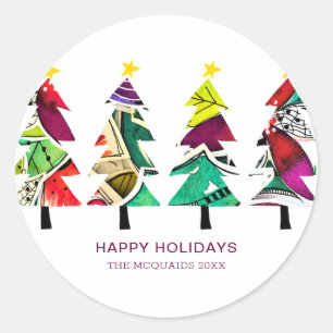 Happy Holidays Patterned Christmas Trees  Classic Round Sticker