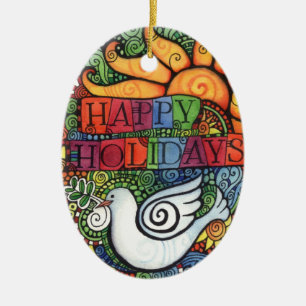 Happy Holidays Peace Dove Sun Design Ceramic Ornament