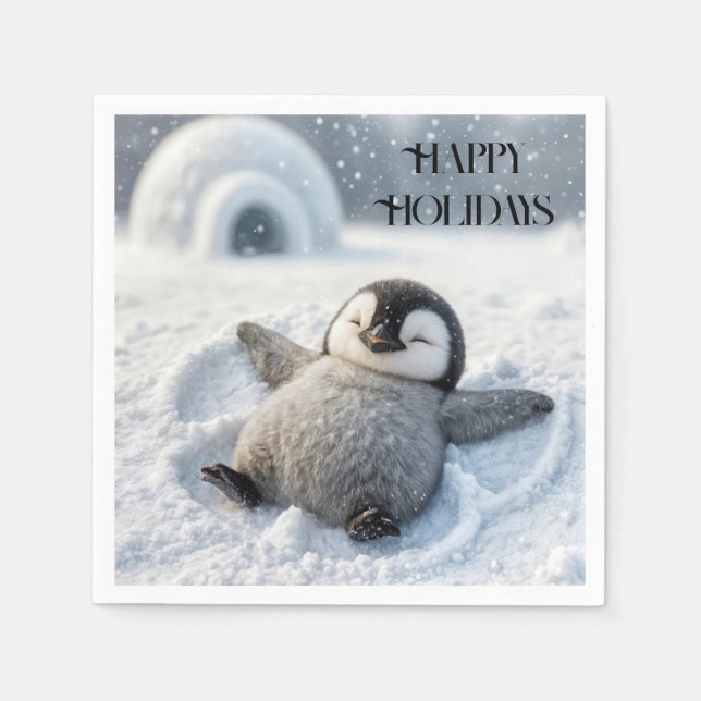 Happy Holidays Penguin Chick Making a Snow Angel Napkin (Front)