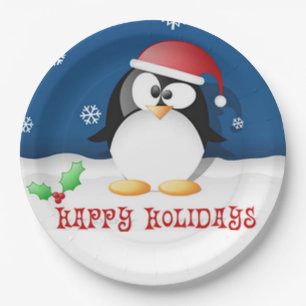 Happy Holidays Penguin Paper Plate