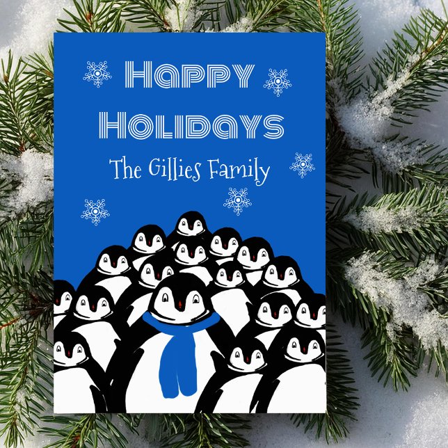 Happy Holidays Penguin Personalized Blue Holiday Card (Creator Uploaded)