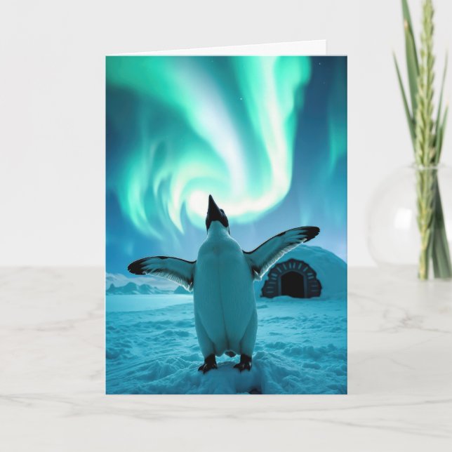 Happy Holidays Penguin Under Northern Lights Card (Front)