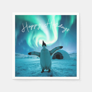 Happy Holidays Penguin Under Northern Lights Napkin