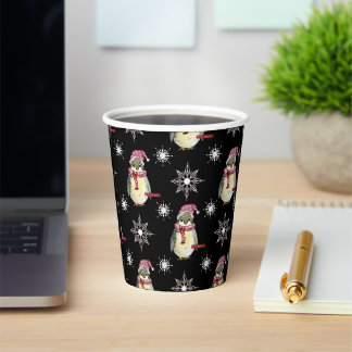 Happy Holidays Penguins and Snowflakes on Black Paper Cups