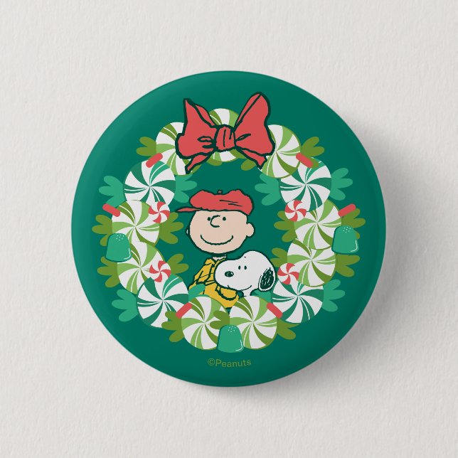 Happy Holidays | Peppermint Candy Wreath 2 Inch Round Button (Front)