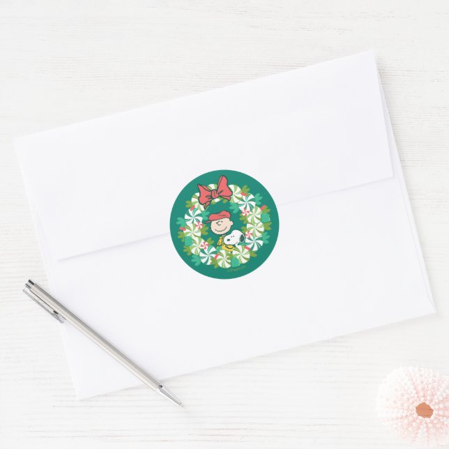 Happy Holidays | Peppermint Candy Wreath Classic Round Sticker (Envelope)