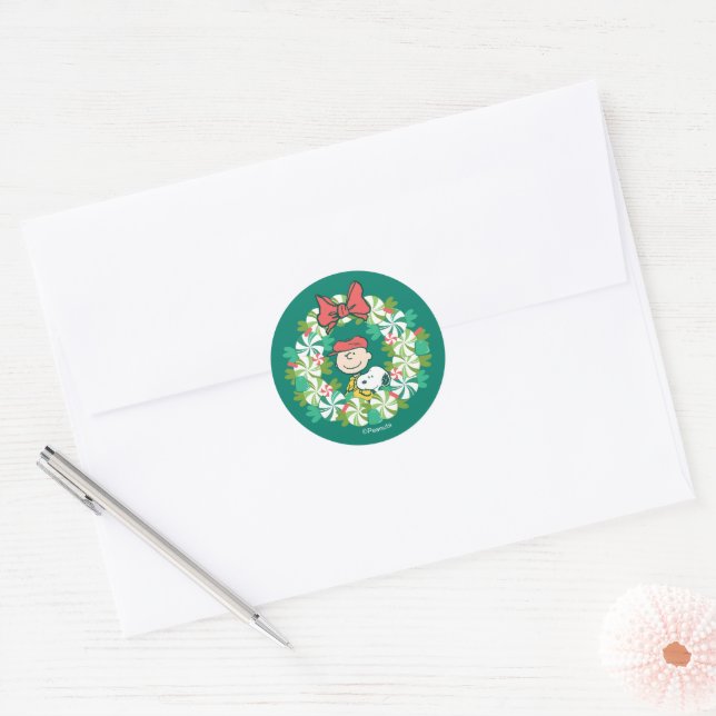 Happy Holidays | Peppermint Candy Wreath Classic Round Sticker (Envelope)