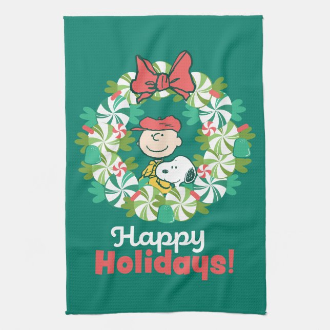 Happy Holidays | Peppermint Candy Wreath Kitchen Towel (Vertical)
