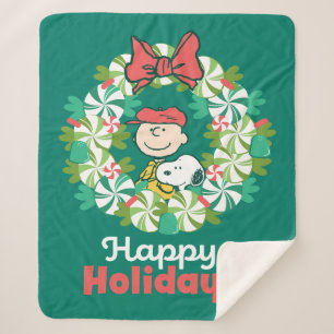 Happy Holidays   Peppermint Candy Wreath Sherpa Blanket