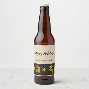 Happy Holidays Personalized Gold Reindeer Beer Bottle Label