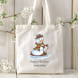 Happy Holidays Personalized Name Snowman Sledding Tote Bag
