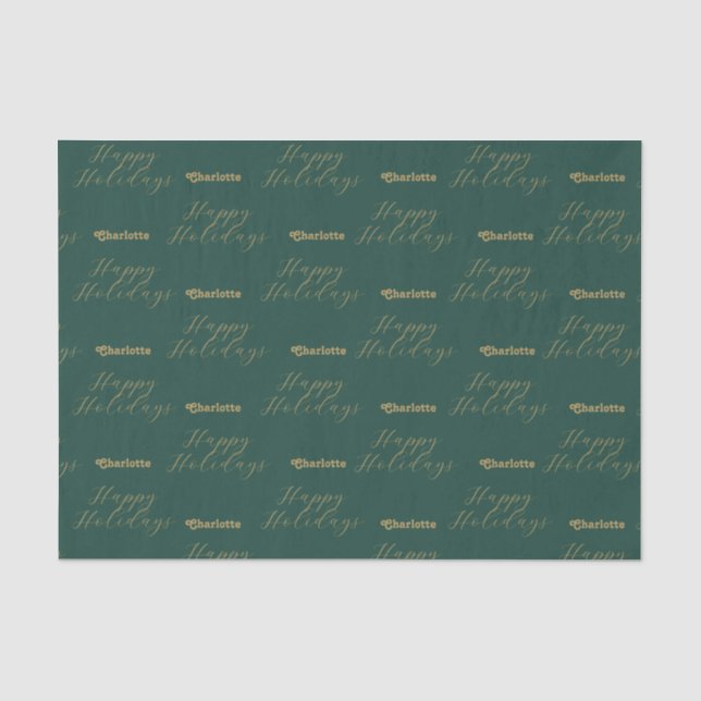 Happy Holidays Personalized Name Traditional Green Tissue Paper (Front)