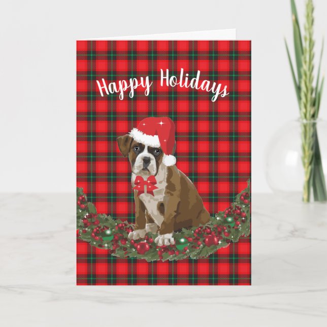 Happy Holidays Pet Boxer Puppy Plaid Santa Hat Holiday Card (Front)