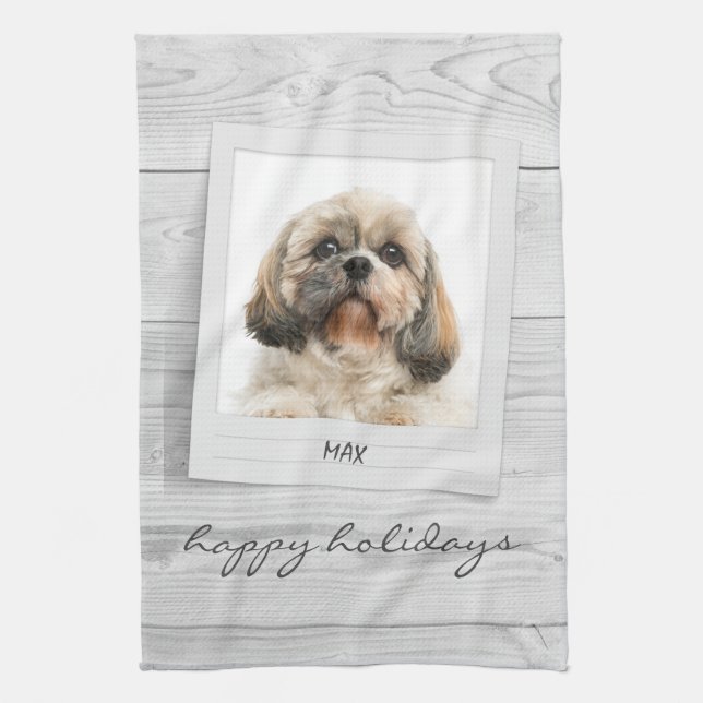 Happy Holidays Pet Photo Frame Personalized Kitchen Towel (Vertical)